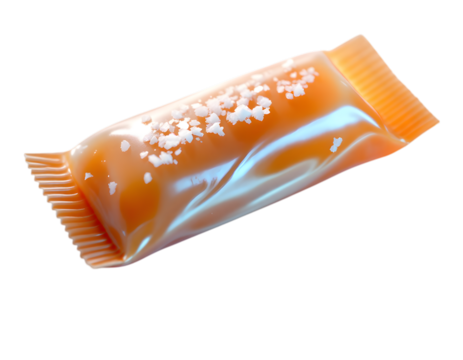 Close-up of a wrapped salted caramel candy isolated on black background