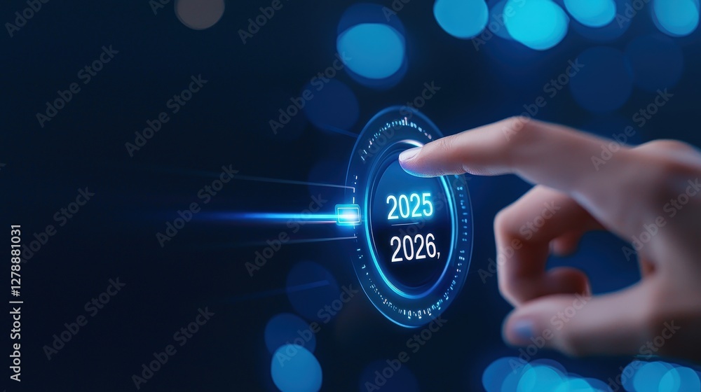 Poster a hand interacts with a futuristic interface displaying the years 2025 and 2026, suggesting technolo