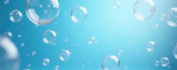 Soap foam bubbles suspended in mid-air on a clear blue background, weightless, airy,