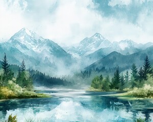A serene landscape with mountains and a river, watercolor style, soft brushstrokes, pastel colors, paper texture