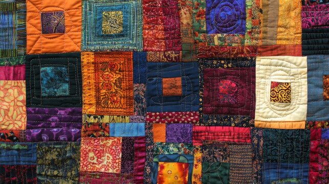 Colorful quilt patchwork featuring various intricate designs and textures, displayed indoors