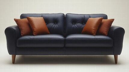 Fototapeta premium Elegant black leather sofa accented with two decorative pillows in a modern setting
