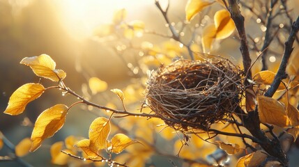 an empty bird's nest, made of small twigs neatly arranged among the shady branches of a tree. The nest is located in the middle of fresh green leaves, with dewdrops still attached to some of the leave