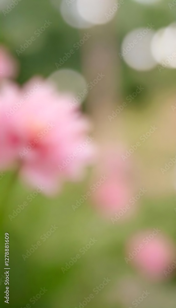 Poster generative ai image of softly blurred pink flowers in a green garden setting with bokeh effect