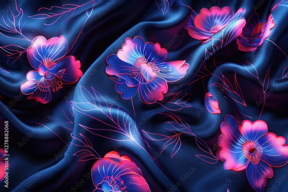 Poster neon floral designs emerge on dark silk, creating a bold and captivating visual with realistic soft 