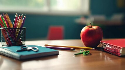 A classic school desk with an apple, pencils, and notebooks, symbolizing learning, education, and knowledge
