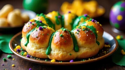 Close-up of a traditional king cake with purple, green and gold decorations on a party table for Mardi Gras in New Orleans