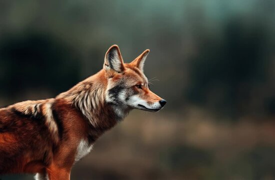 Side profile of a red wolf with a sharp gaze, standing against a blurred natural background.