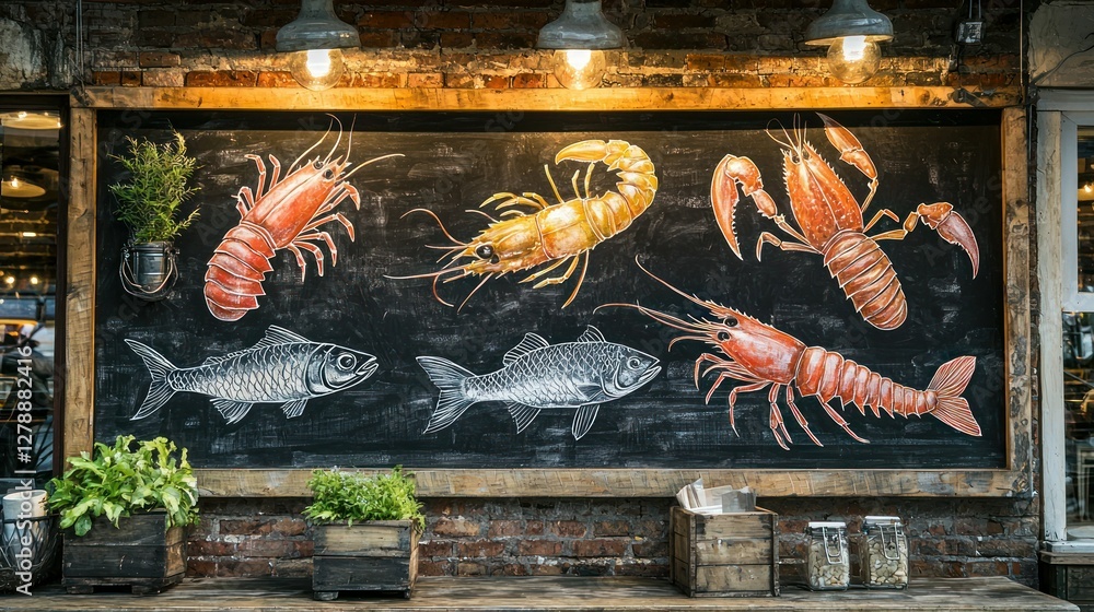 Poster a chalkboard seafood menu displayed outside a quaint seaside cafã©, with colorful drawings of fish a