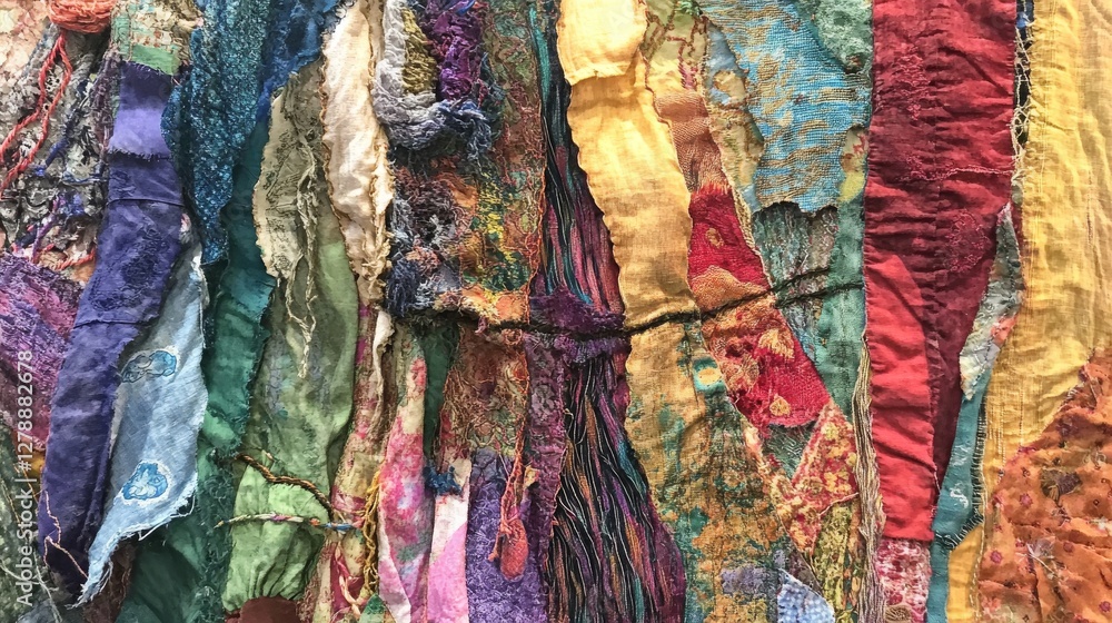 Poster colorful textile artwork showcasing layered fabrics with intricate patterns and textures