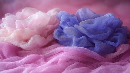 Two pink and blue flowers in full bloom against a soft pink background