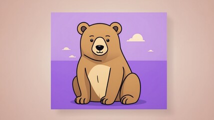 Cartoon Bear Sitting on a Purple Background with Clouds and Sky