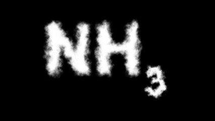 "NH₃" text or word appearing as a smoke cloud effect on a black background, representing the ammonia molecule in a dramatic and mysterious style
