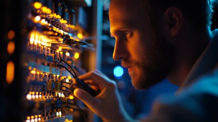 Engineer analyzing telecommunications equipment workshop closeup image technical environment focused viewpoint engineering innovation