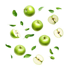 Flying Apple isolated on white background Ripe fresh apple Clipping Path Green Apple with leaf