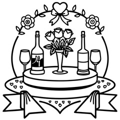 Romantic dinner poster, Wine and flowers bouquet drawing for wedding invitations, cafe menus and parties. Served table for two, couples, lovers in restaurant 