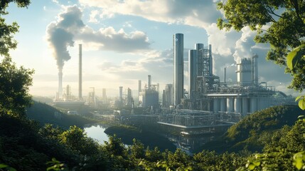 Fototapeta premium A city with a large industrial area and a river