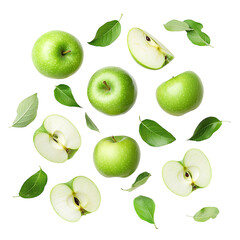 Flying Apple isolated on white background Ripe fresh apple Clipping Path Green Apple with leaf