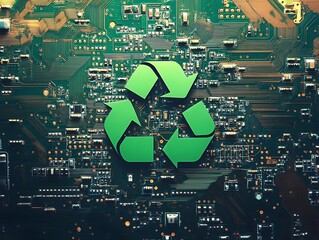 Green recycle symbol on circuit board. (2)