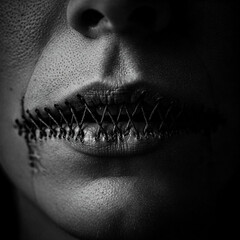 silence. mouth sewn shut with thread