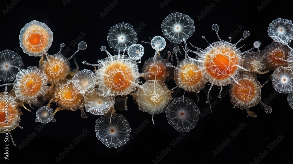 Poster a highly detailed microscopic image of mold spores with sharp textures and dynamic colors on a black