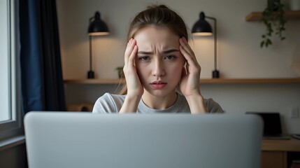 Stressed woman with a headache working from home on laptop