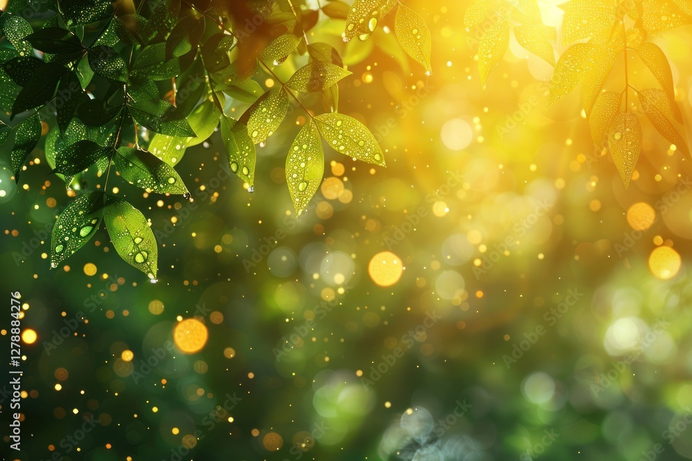 Poster soft dewdrops rest on fern leaves, illuminated by gentle sunlight, creating a serene and tranquil at