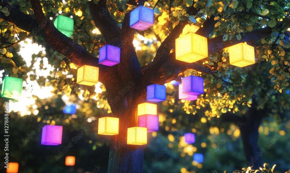Poster colorful cube lanterns illuminate a tree at sunset in a serene park