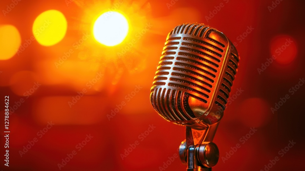 Aufkleber a classic studio microphone on a stand, illuminated by warm studio lighting.