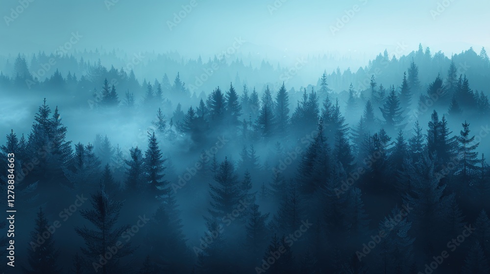 Aufkleber twilight descends over a tranquil winter pine forest where fog envelops the trees, creating a serene