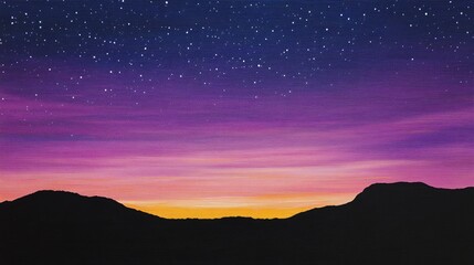 Fototapeta premium Starry Night Sunset Landscape Painting Purple Mountains