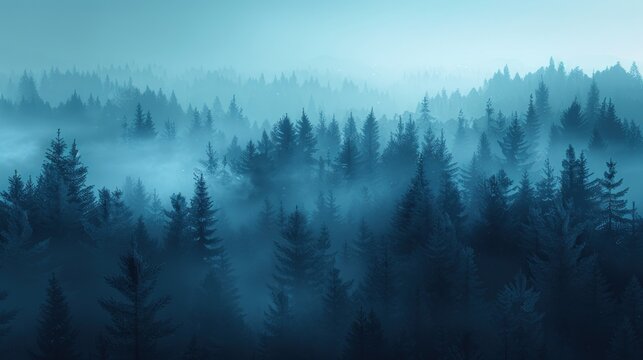 Fototapeta Twilight descends over a tranquil winter pine forest where fog envelops the trees, creating a serene, cold atmosphere
