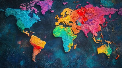 Naklejka premium Colorful world map illustration showcasing vibrant continents against a dark textured background