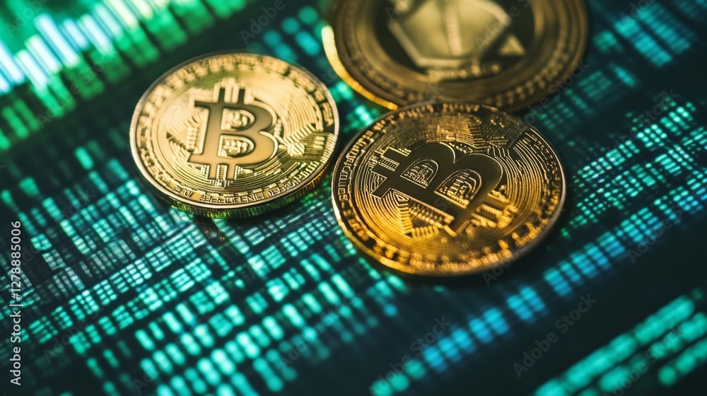 Poster transforming bitcoin coins digital space conceptual image virtual environment abstract perspective c