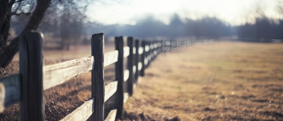 Obraz premium A rustic wooden fence fades into a misty, serene landscape, inviting thoughts of simplicity and the beauty of open spaces.