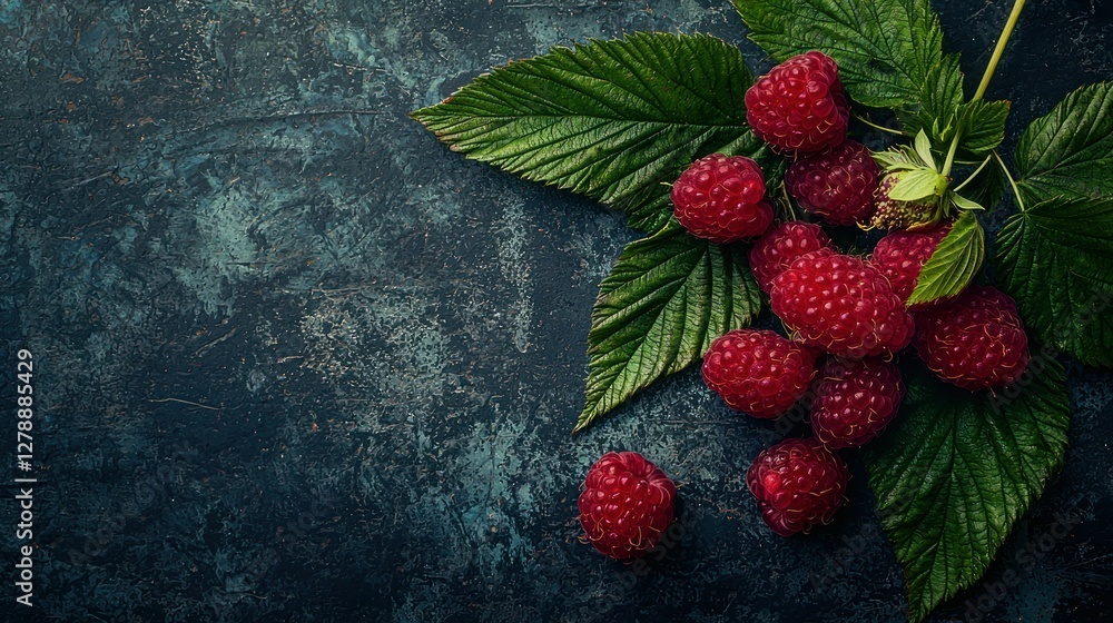 Poster A cluster of raspberries with green leaves for contrast, arranged neatly on a plain surface. 