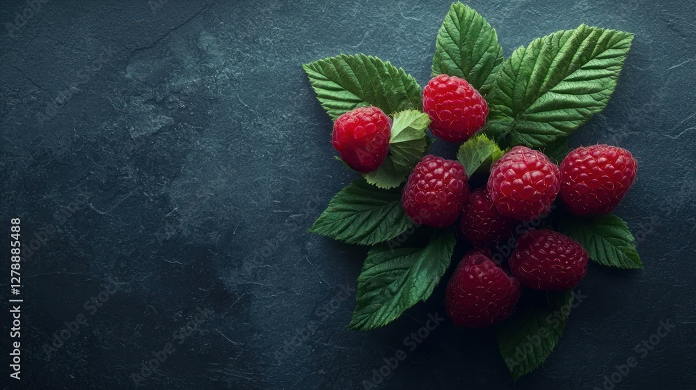 Poster a cluster of raspberries with green leaves for contrast, arranged neatly on a plain surface.