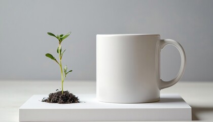 Eco-Friendly Mockup Featuring Classic White Mug on a Matte White Platform for Earth Day Celebration