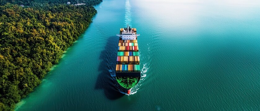 Green logistics for sustainability. Container ship navigating through turquoise waters near lush green coastline.