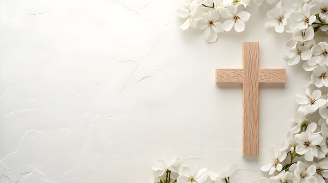 un fondo claro liso con espacio de copia con ramas de flores decorativas y elegantes y una cruz de madera cristiana para diseño de invitacion o tarjeta de celebracion boda bautizo primera comunion