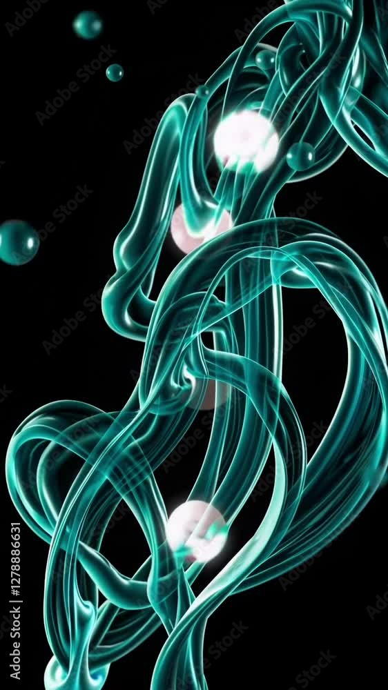 Poster dynamic flowing neon tubes with glowing spheres in abstract motion