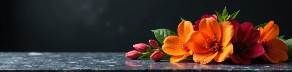 Fototapeta premium An artistic arrangement of orange and burgundy flowers on a marble tabletop against a dark background, burgundy, , marble table
