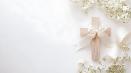 una cruz de madera elegante decorada con un moño de satin y flores pequeñas y delicadas decorativas sobre un fondo blanco liso con espacio de copia para tarjeta o invitacion de festejo boda o bautizo © Erika