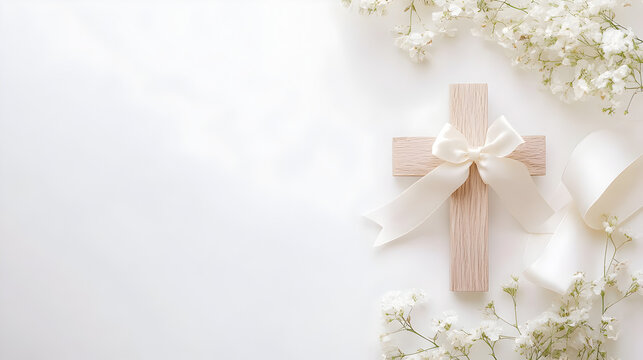 una cruz de madera elegante decorada con un mo&ntilde;o de satin y flores peque&ntilde;as y delicadas decorativas sobre un fondo blanco liso con espacio de copia para tarjeta o invitacion de festejo boda o bautizo