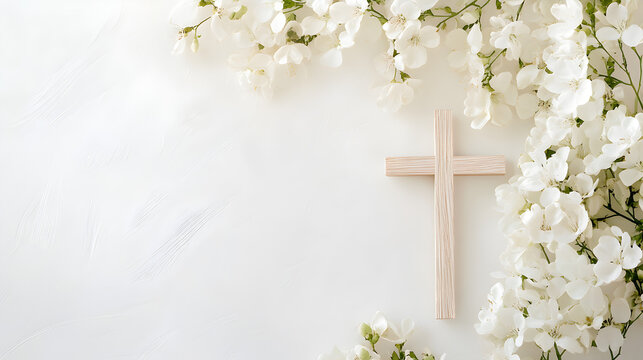 un fondo claro liso con espacio de copia con un marco de flores y ramas decorativas blancas elegantes y sofisticadas con una cruz de madera sencilla para invitacion de evento o celebracion o tarjeta