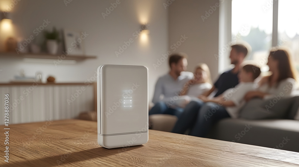 Poster a modern family relaxing comfortably in their living room as smart home devices and automation techn
