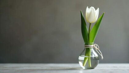 A single white tulip placed in a delicate glass vase with a ribbon, delicate,