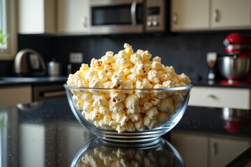 Delicious Buttery Popcorn in Glass Bowl on Kitchen Counter