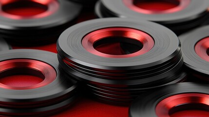 A vibrant collection of black and red metal rings piled together artfully