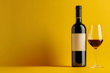 Bottle of wine and a wine glass are on a yellow background